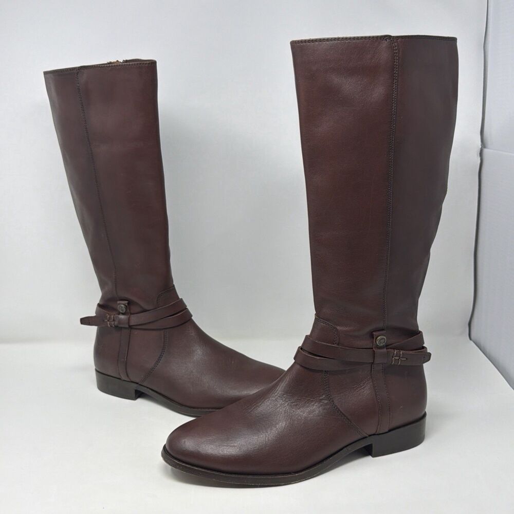 Frye Melissa Belted Tall Riding Boots Women 10B Redwood Brown Leather Zip